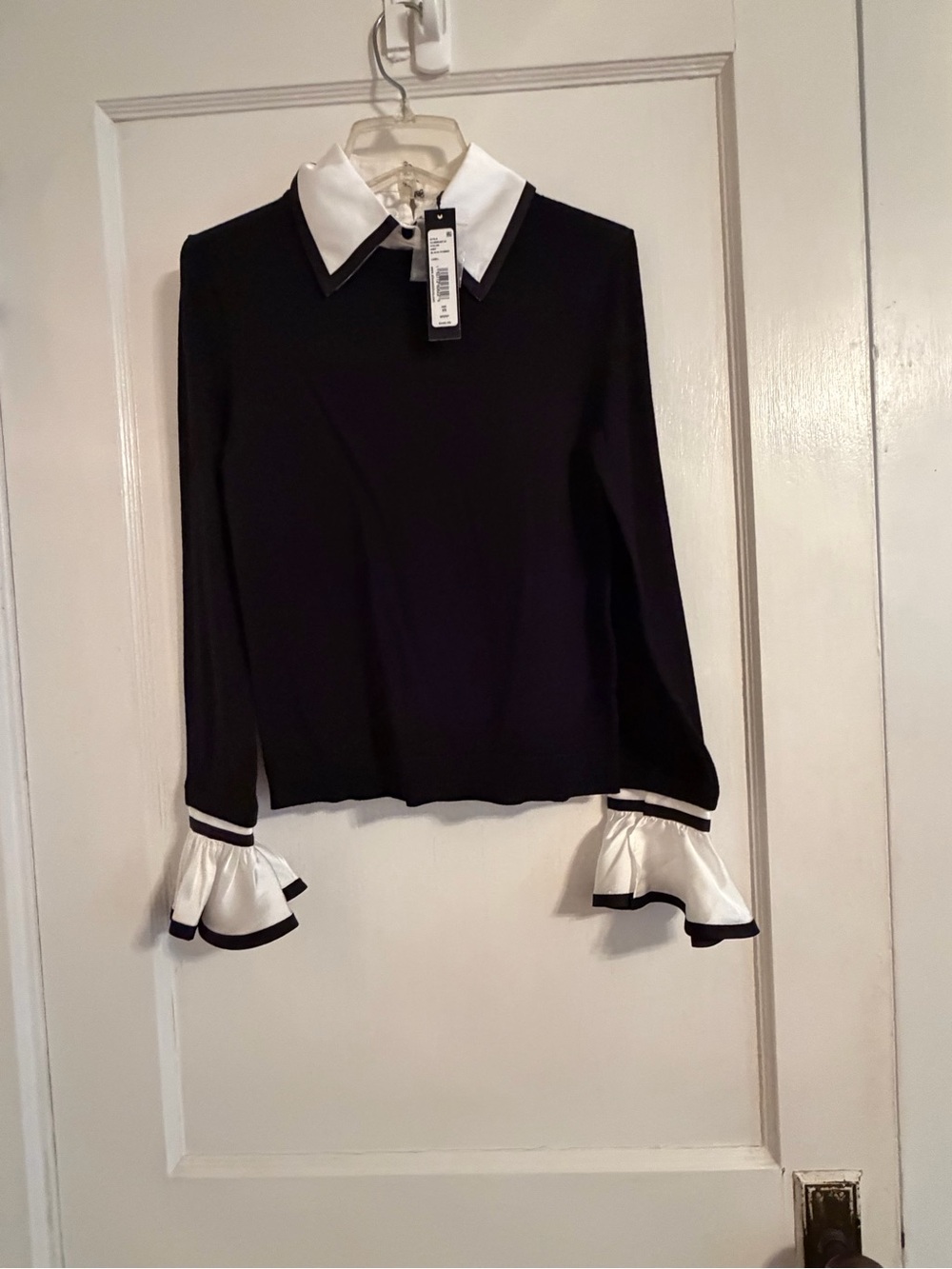 Alice + Olivia Black Long Sleeve Top with White Collar and Ruffle Cuffs